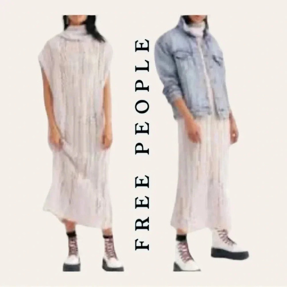 0438. Free‎ PEOPLE SUGAR CLOUD COMBO SWEATER DRESS KNITTED TURTLE NECK MAXI LEN. - Picture 1 of 16